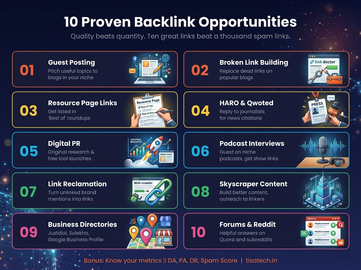 10 proven backlink strategies including guest posting, HARO, digital PR, and forums to improve SEO rankings.