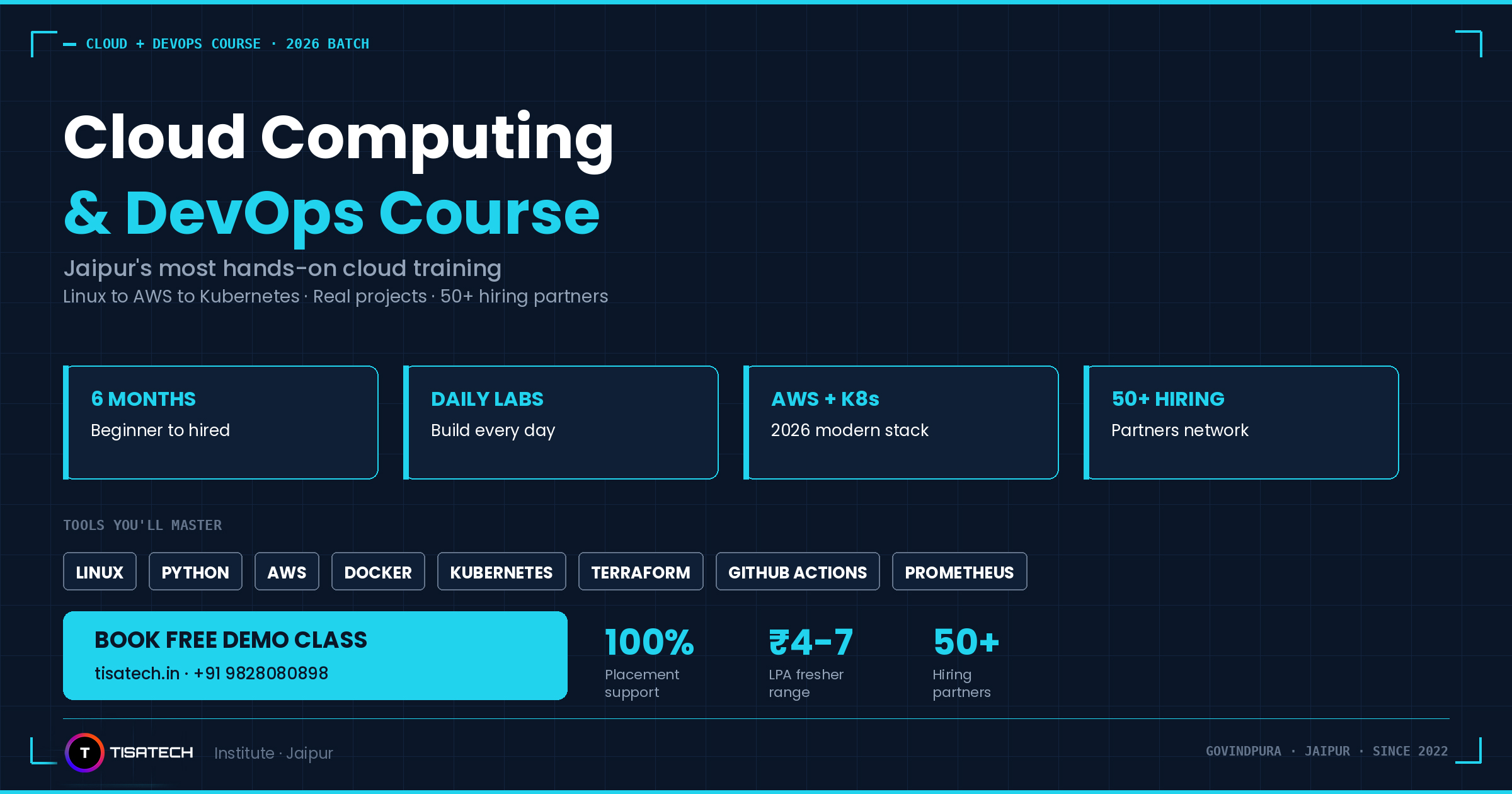 A professional course banner from TISATECH for their 2026 Cloud Computing & DevOps batch in Jaipur. The graphic highlights a 6-month "beginner to hired" program featuring daily labs, a 2026 modern stack (AWS + K8s), and a network of over 50 hiring partners. It lists tools like Linux, Python, Docker, and Terraform, and offers a 100% placement support guarantee with a ₹4–7 LPA fresher salary range. A call to action invites users to book a free demo class at tisatech.in.