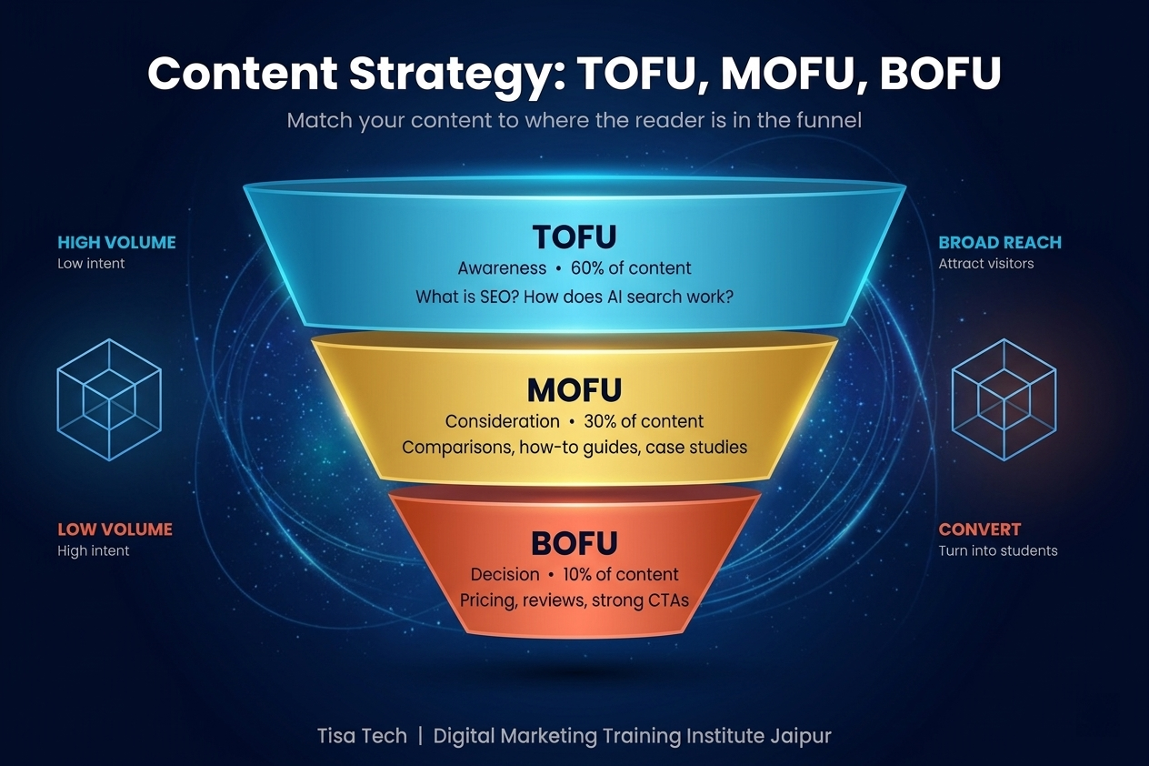 Content marketing funnel showing TOFU, MOFU, BOFU stages for awareness, consideration, and conversion strategy.