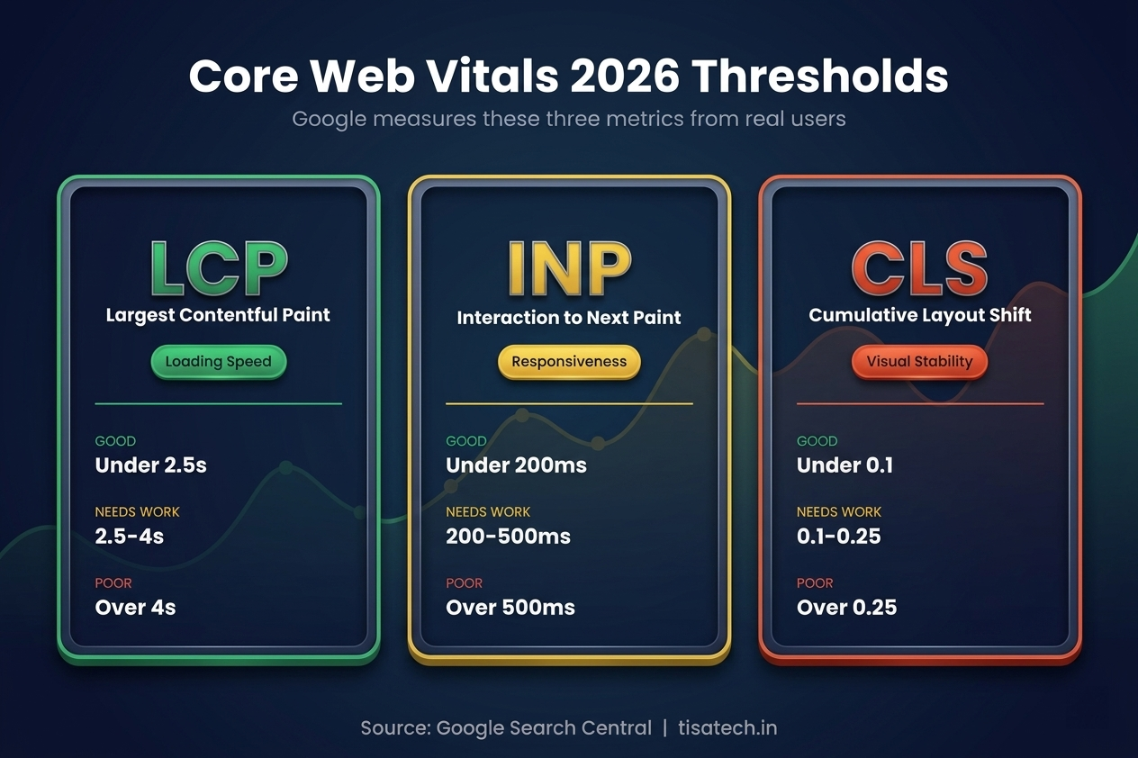 Core Web Vitals metrics LCP, INP, CLS thresholds for website performance, speed, and user experience optimization.