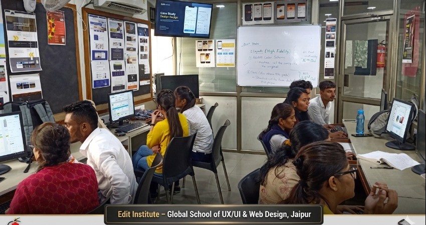 Edit Institute Jaipur classroom for UI UX and web design training with students working on computers