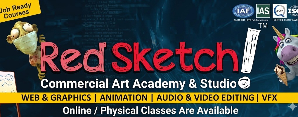 Red Sketch commercial art academy banner for design and animation courses