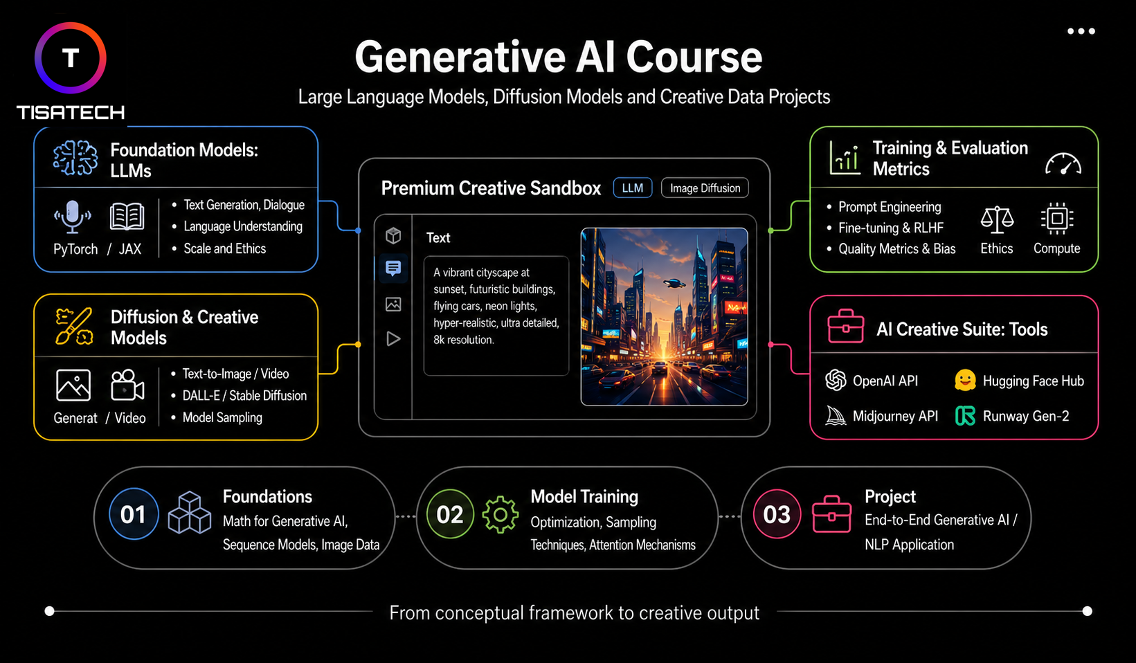 Generative AI course covering LLMs, diffusion models, model training, and tools like OpenAI API and Hugging Face.