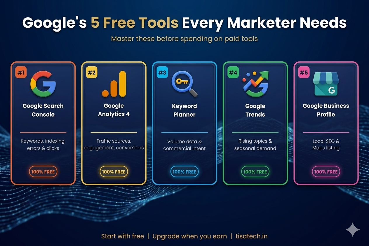 Google free tools list including Search Console, Analytics 4, Keyword Planner, Trends, and Business Profile.