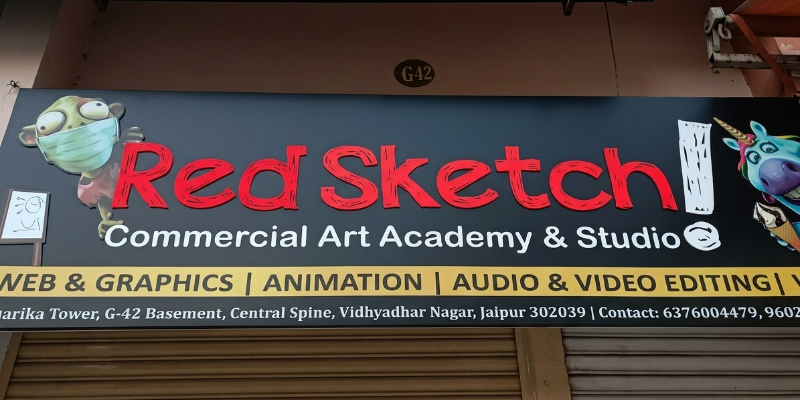 Red Sketch commercial art academy signboard in Jaipur for graphics animation and editing