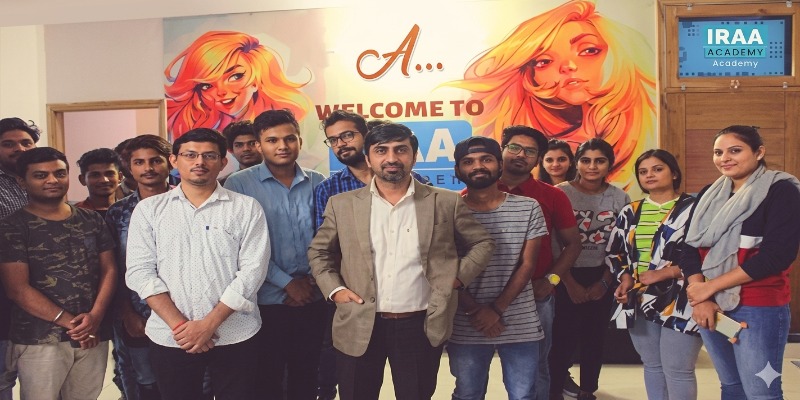 Students and instructor group at IRAA Academy classroom training session Jaipur