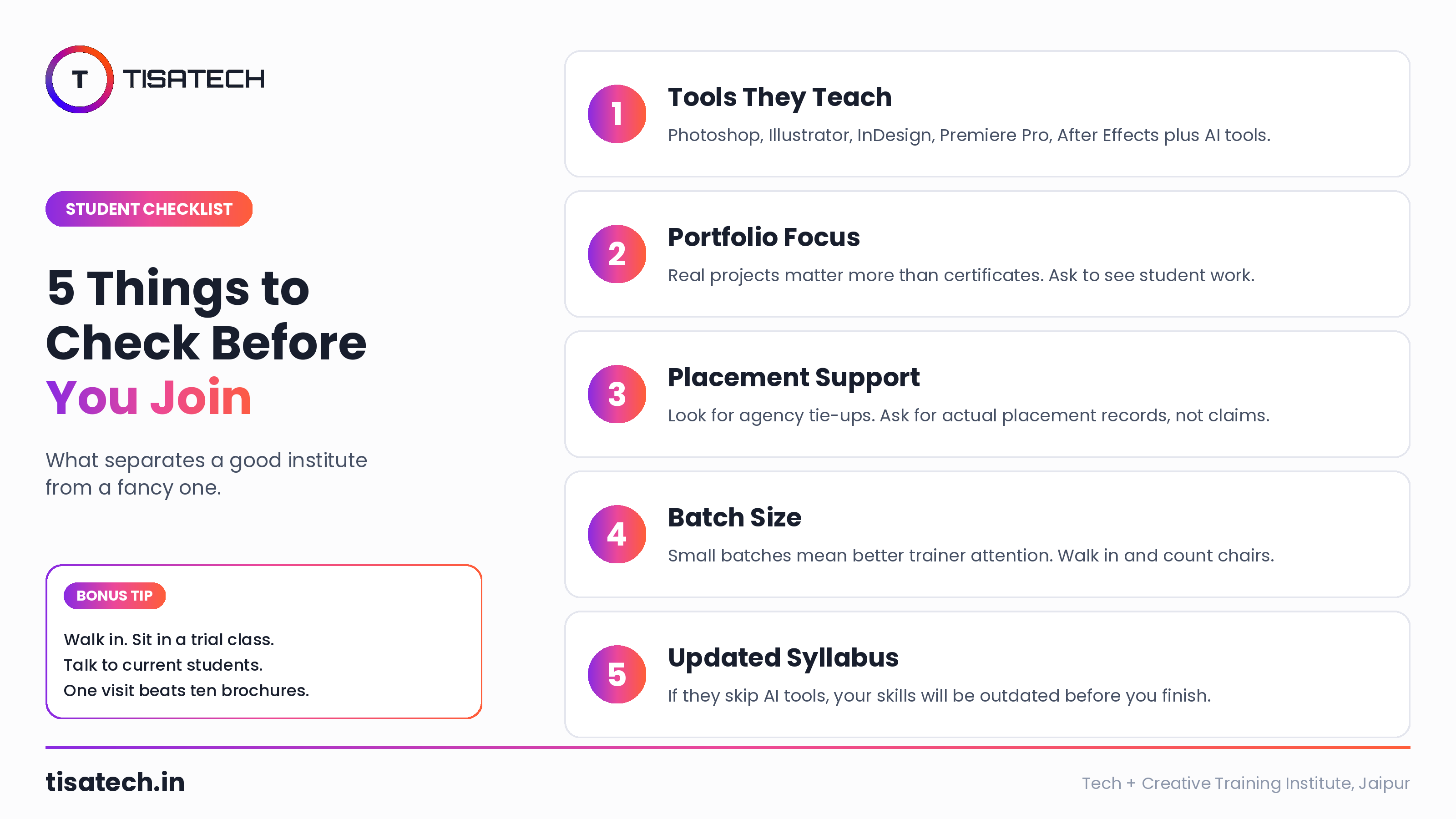 Student checklist infographic showing 5 things to check before joining training institute