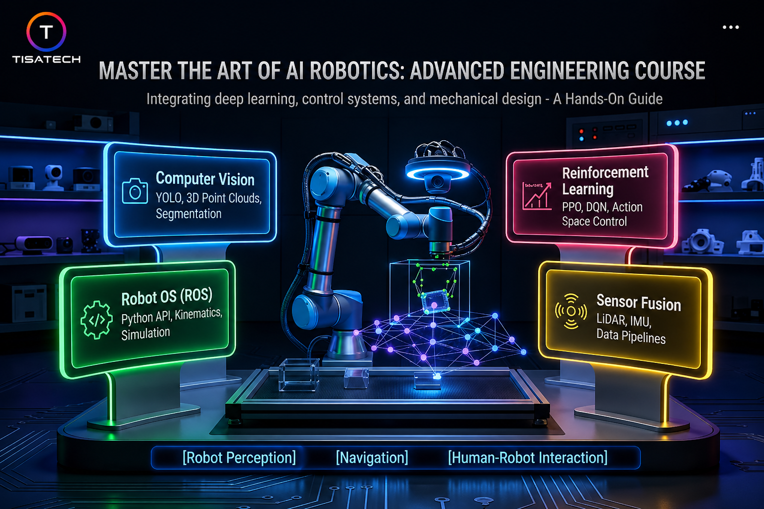 AI robotics course covering computer vision, ROS, reinforcement learning, and sensor fusion with real-world applications.