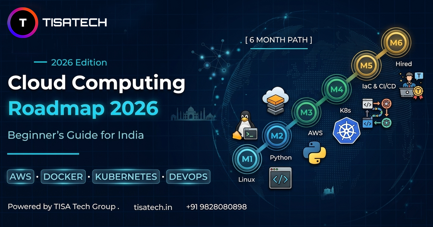 A 2026 edition roadmap graphic from TISATECH for beginners in India, detailing a 6-month path to becoming a cloud professional. The image illustrates a diagonal path with sequential milestones from M1 to M6. Iconography and text show the progression through foundational skills like Linux, Python, and AWS, moving to Docker, Kubernetes (K8s), Infrastructure as Code (IaC), and CI/CD, concluding with a "Hired" milestone.
