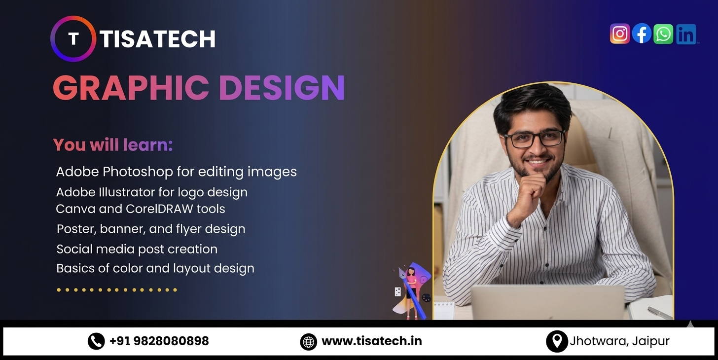 Graphic Designing course for 12th pass students with Photoshop, Illustrator, Canva, CorelDRAW, and creative design training at TISA-TECH Jaipur