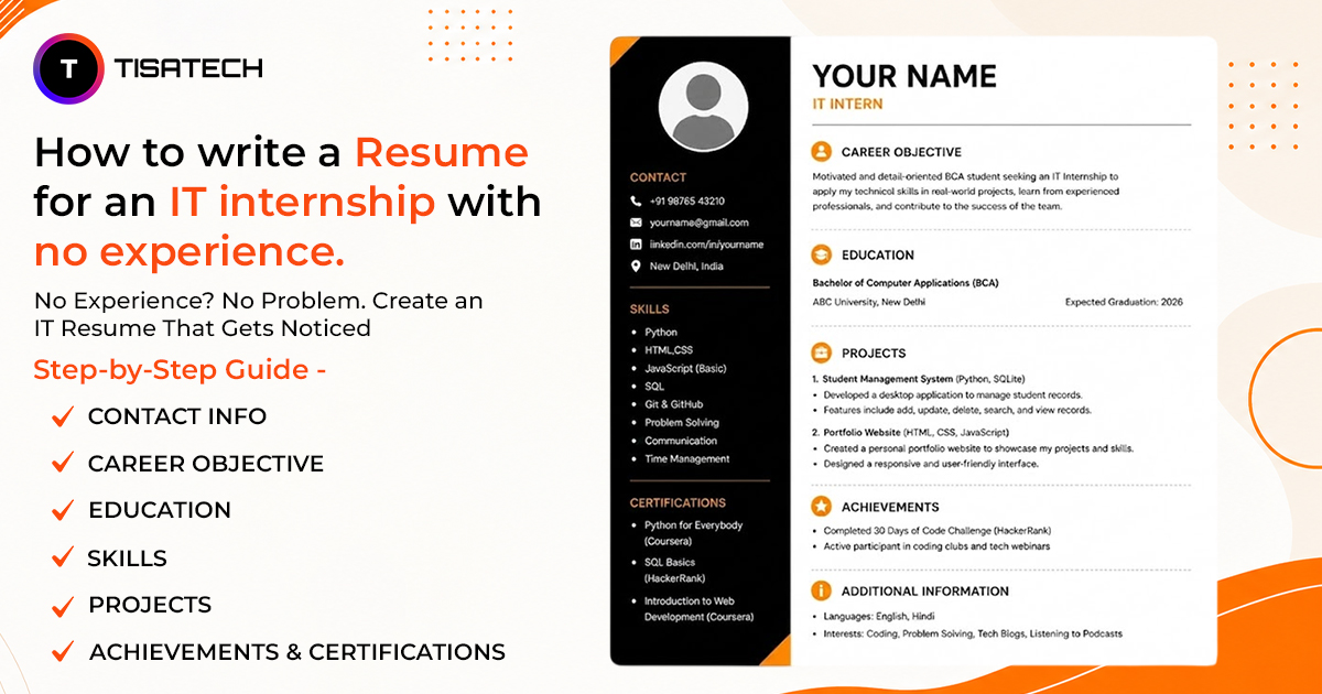 Student creating a professional IT internship resume on a laptop with career guidance, resume tips, and job-ready skills highlighted by TISA-TECH.