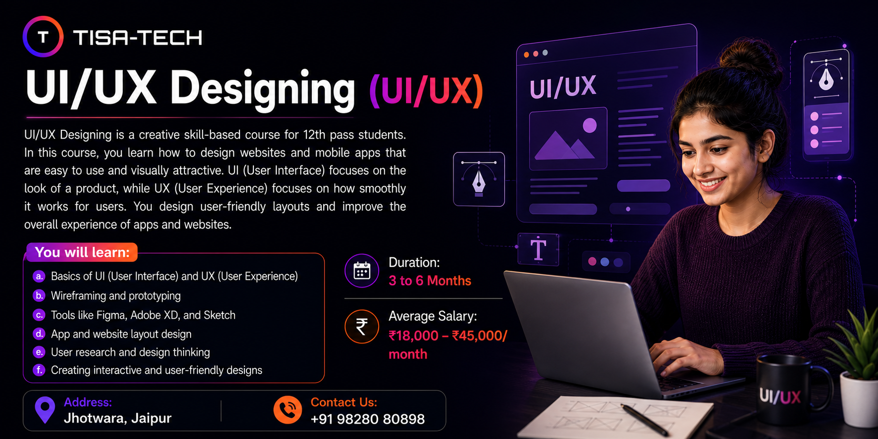 UI UX Designing course for 12th pass students with Figma, Adobe XD, wireframing, prototyping, and app design training at TISA-TECH It training institute in jhotwara jaipur