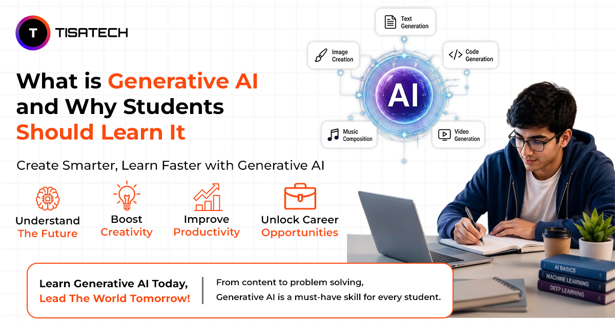 Student learning Generative AI with AI-powered tools for text, code, at TISA-TECH