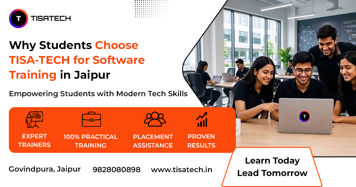 TISA-TECH promotional banner titled "Why Students Choose TISA-TECH for Software Training in Jaipur," showing students working together on a laptop, with highlighted features: expert trainers, 100% practical training, placement assistance, and proven results.