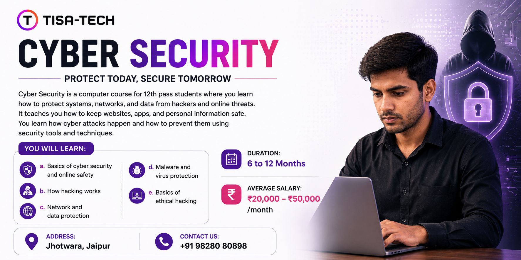 Cyber Security course for 12th pass students with ethical hacking, network security, malware protection, and online safety training at TISA-TECH Jaipur