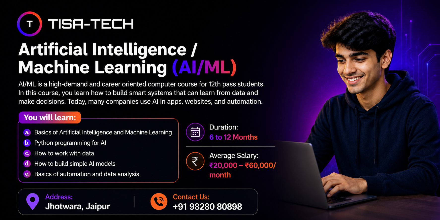 Artificial Intelligence and Machine Learning course at TISA-TECH Jaipur for 12th pass students learning Python, data analysis, and AI models