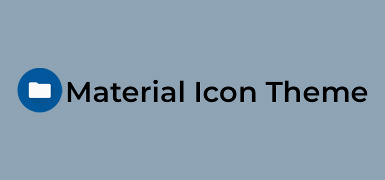 Material Icon Theme logo with a blue circle containing a white folder icon, next to bold black text reading Material Icon Theme on a muted steel blue background