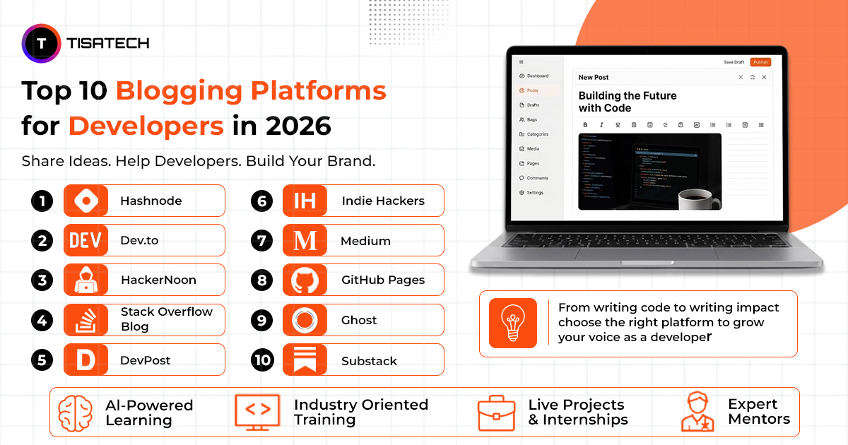 TISA TECH infographic showing the top 10 blogging platforms for developers in 2026, including Hashnode, Dev.to, HackerNoon, Medium, GitHub Pages, Ghost, and Substack.