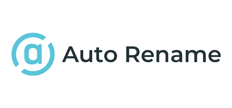 Auto Rename logo featuring a stylized blue “@” symbol and the Auto Rename text on a light background, representing file management, automatic file renaming, and productivity software.