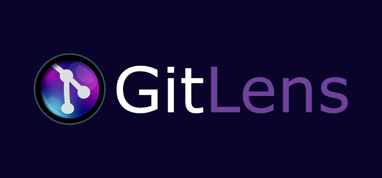 GitLens logo with a dark circular icon containing a purple and blue glowing git branch symbol, next to two-tone text reading Git in white and Lens in purple on a dark navy background