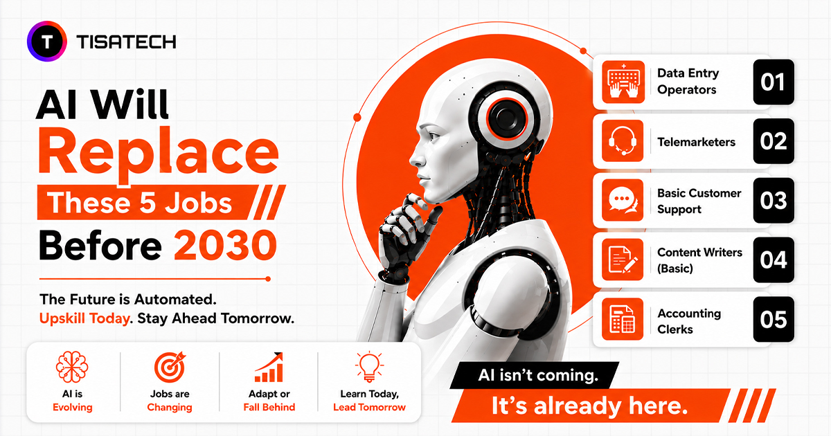 5 jobs AI may replace before 2030, including data entry operators, telemarketers, customer support agents, basic content writers and accounting clerks
