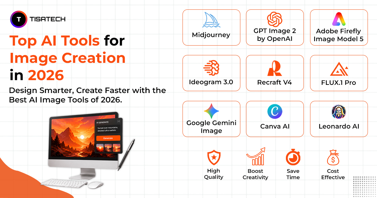 Top AI tools for image creation in 2026 including Midjourney, GPT Image 2, Adobe Firefly, Ideogram, Recraft, FLUX.1 Pro, Google Gemini, Canva AI, and Leonardo AI.