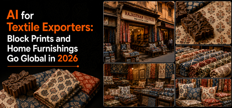AI for textile exporters in Jaipur featuring block prints, home furnishings, fabric stores, and traditional Rajasthani textiles.