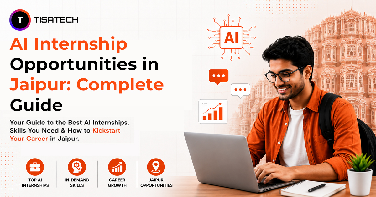 Student exploring AI internship opportunities in Jaipur on a laptop, with Hawa Mahal and AI career icons in the background.