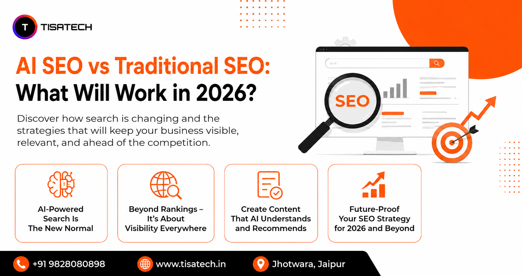 AI SEO vs Traditional SEO infographic comparing modern AI search optimization with traditional SEO strategies, highlighting AI visibility, content optimization, search rankings, and future-ready SEO practices for 2026.