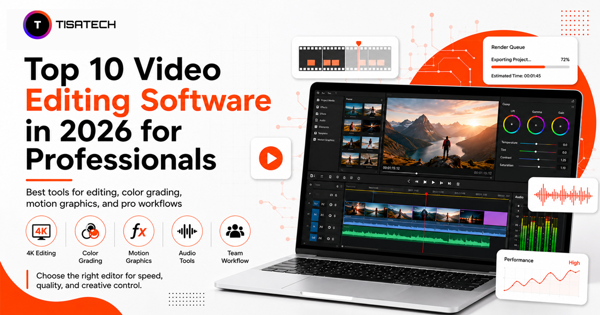 Top 10 video editing software in 2026 for professionals, featuring a laptop with a video editing timeline, color grading tools, audio controls and workflow icons.