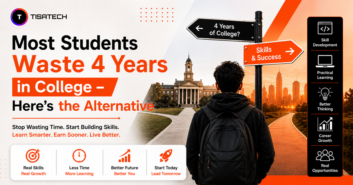 Student choosing between a four-year college degree and practical skill development for faster learning, career growth, and job opportunities.