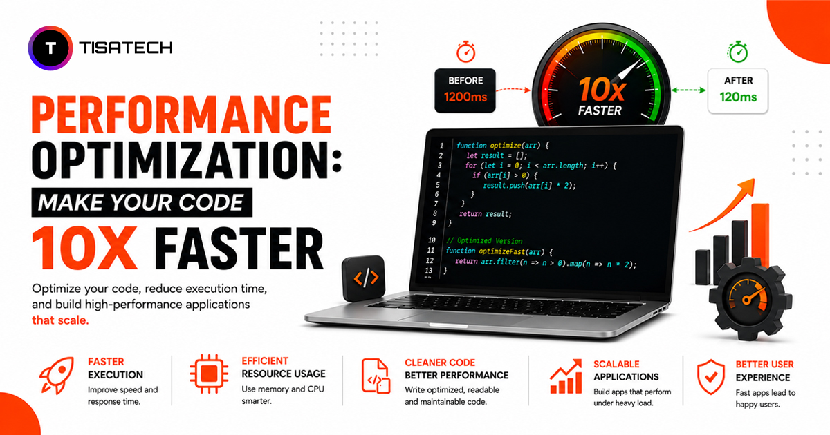 Code optimization infographic showing 10x faster execution, efficient resource usage, scalable applications, and improved user experience.