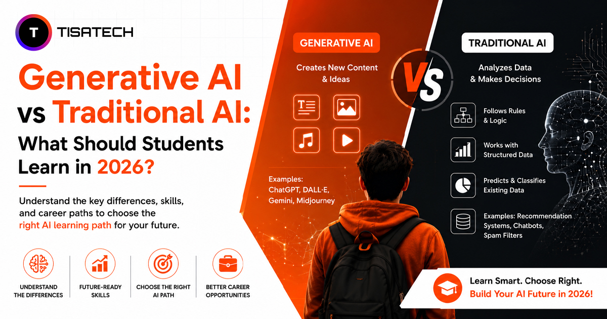 Generative AI vs Traditional AI comparison showing differences, examples, skills and career paths for students in 2026