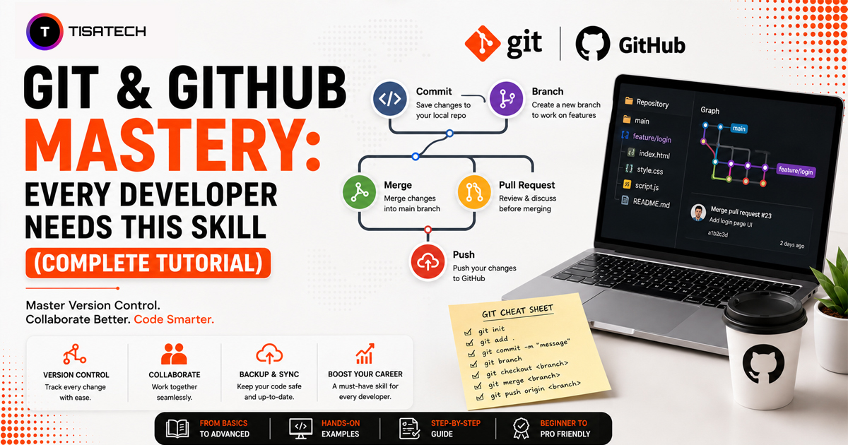 Learn Git and GitHub with commits, branches, merge, pull requests and push workflow