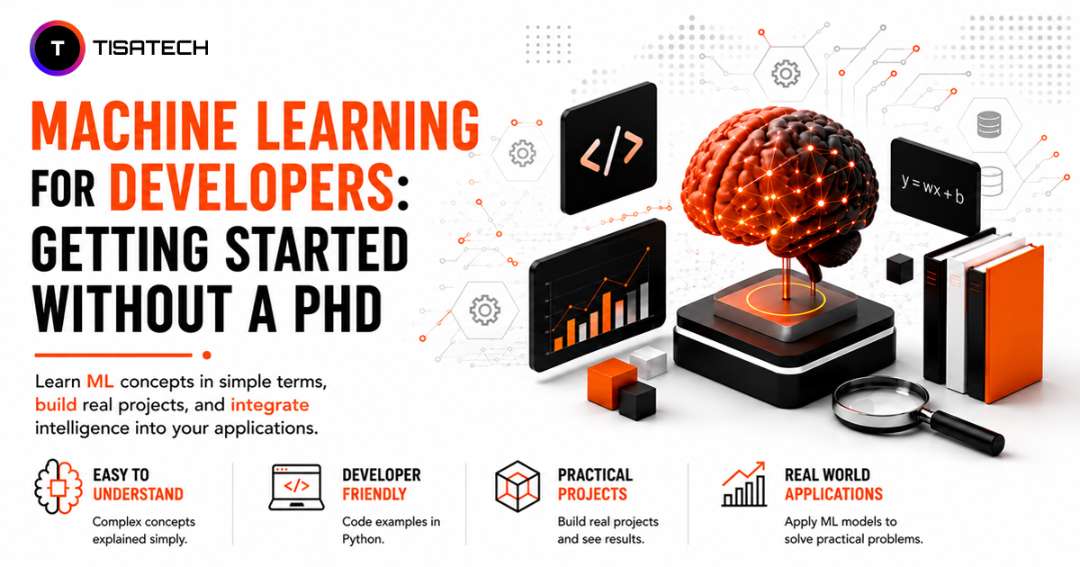 Machine learning for developers graphic showing an AI brain, code, analytics, Python projects, and real-world ML applications.