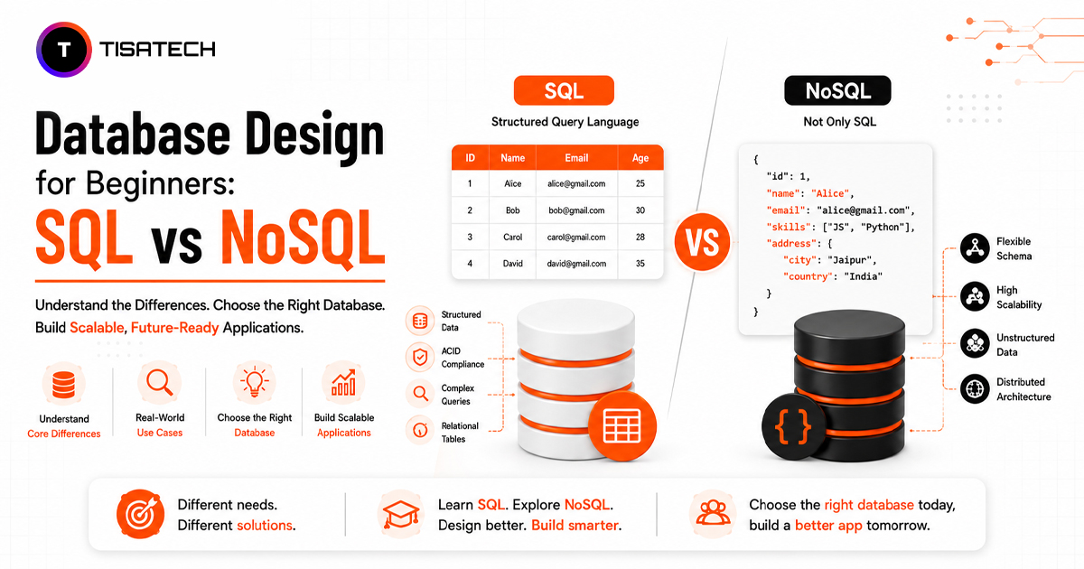 Database design for beginners showing SQL vs NoSQL differences