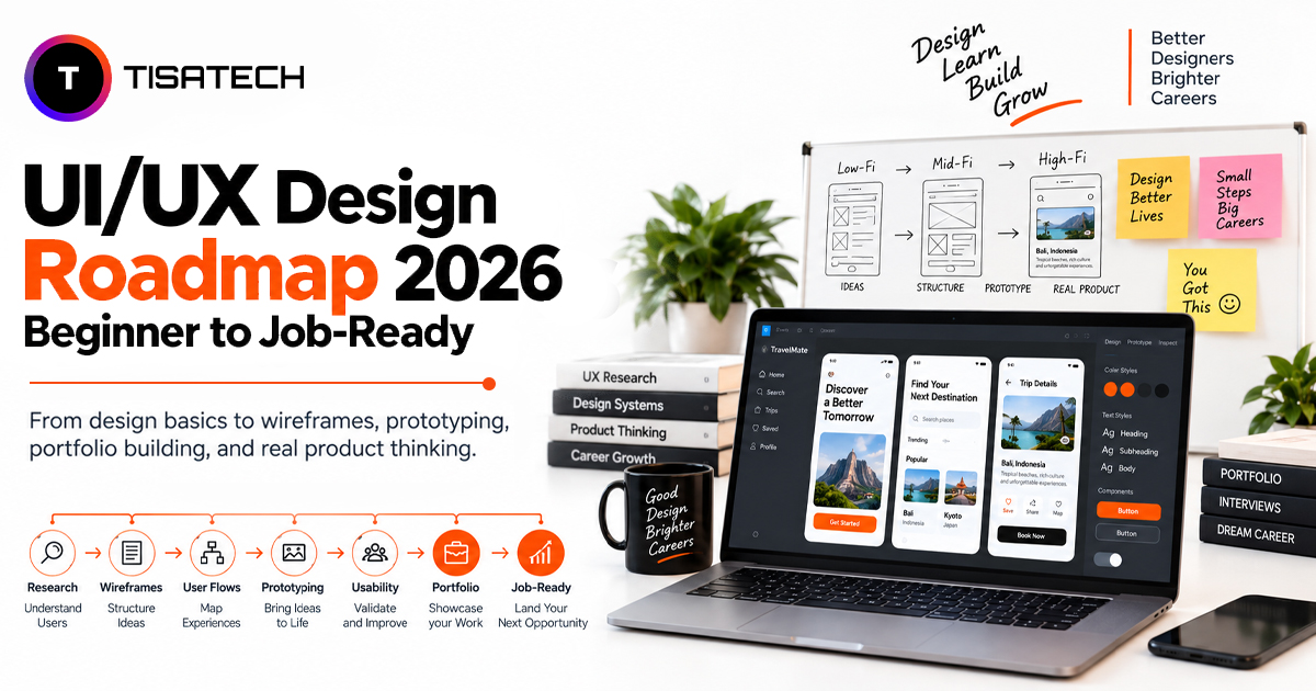 UI/UX Design Roadmap 2026 showing the journey from user research and wireframing to prototyping, usability testing, portfolio building, and job readiness.