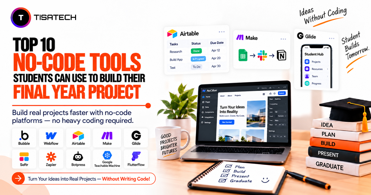 Top 10 no-code tools students can use to build their final-year projects, including Bubble, Glide, Airtable, Make, and FlutterFlow.