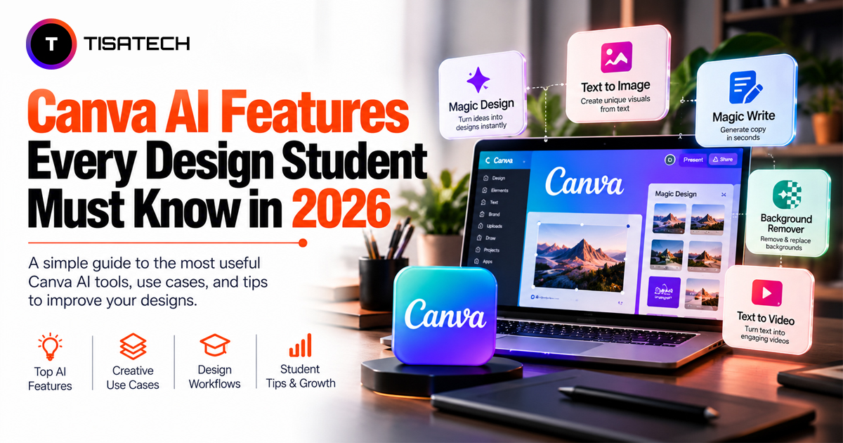 Canva AI features for design students, including Magic Design, Text to Image, Magic Write, and Background Remover.