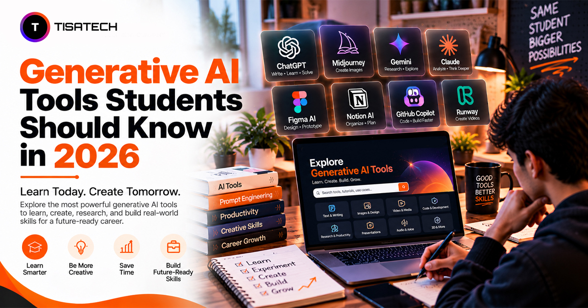 Generative AI tools for students in 2026, including ChatGPT, Gemini, Claude, Midjourney, and GitHub Copilot
