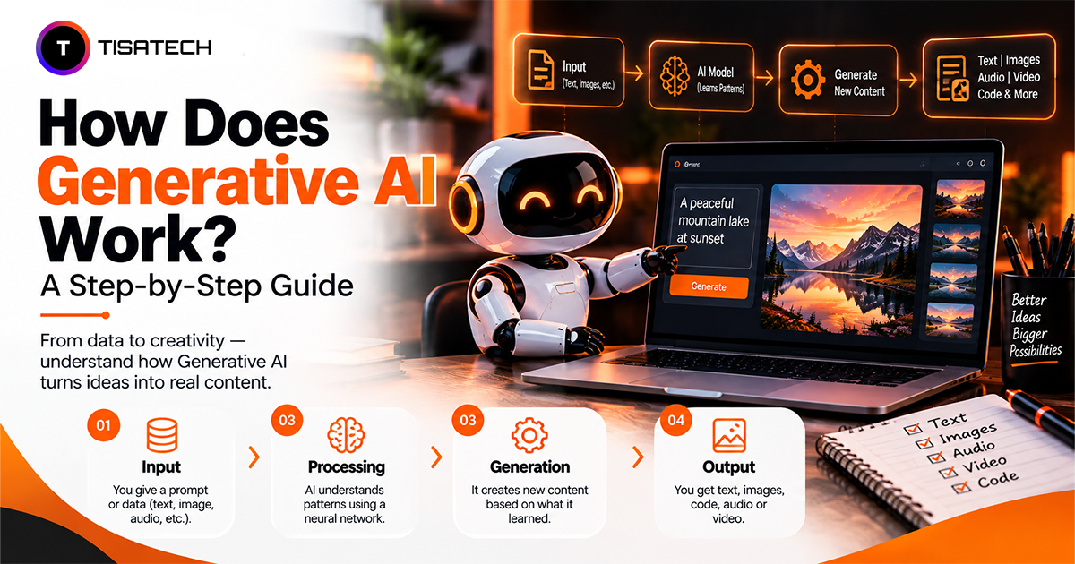 How does generative AI work step by step, from input and processing to content generation and output