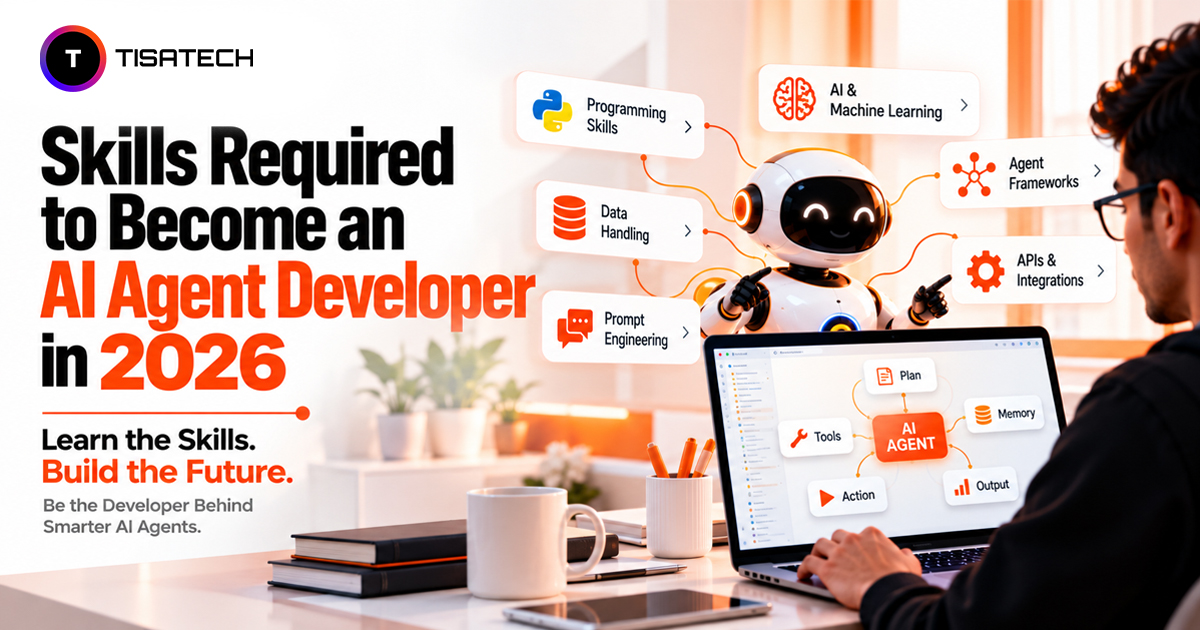 Skills required to become an AI agent developer in 2026, including Python programming, machine learning, data handling, prompt engineering, agent frameworks, and API integration