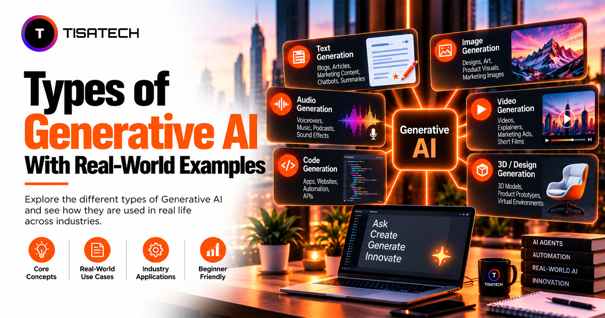 Types of generative AI with real-world examples, including text, image, audio, video, code, and 3D design generation.